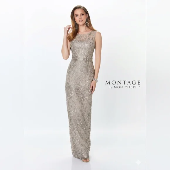 NWT Size 16 Montage By Mon Cheri Latte Lace Gown & Chiffon Detachable Overskirt